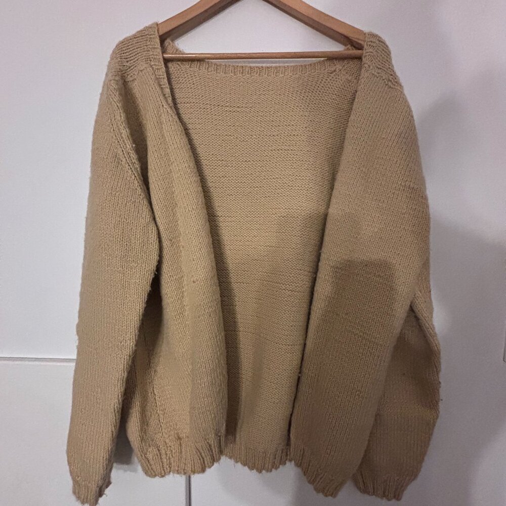 Vintage Handmade Wool Cardigan Womens Medium Beige Chunky Knit Cottagecore
